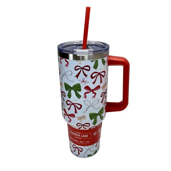 Christmas Festive Bow Print Stainless Steel 40oz Jumbo Tumbler With Lid & Handle - Picture 1 of 6